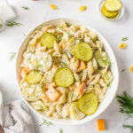 dill pickle pasta salad in a bowl