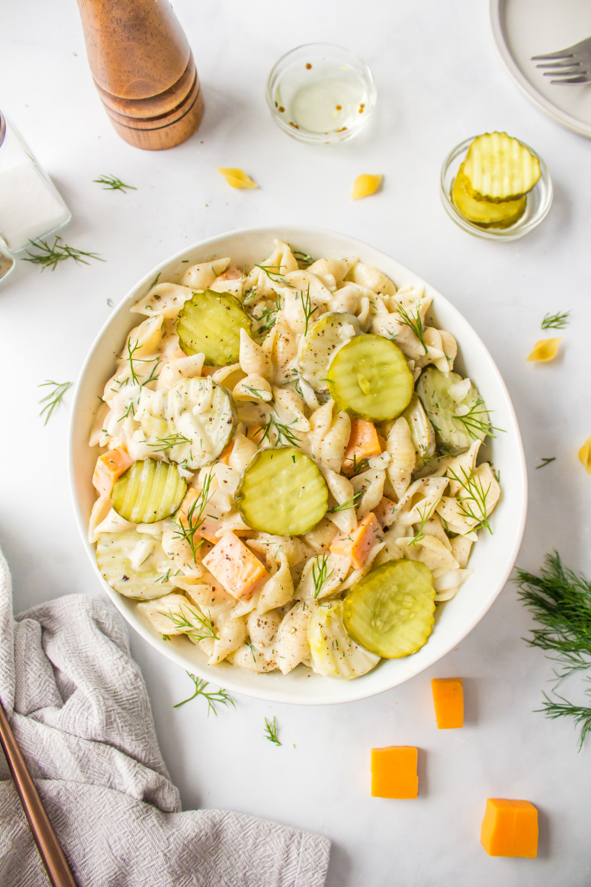 dill pickle pasta salad in a bowl