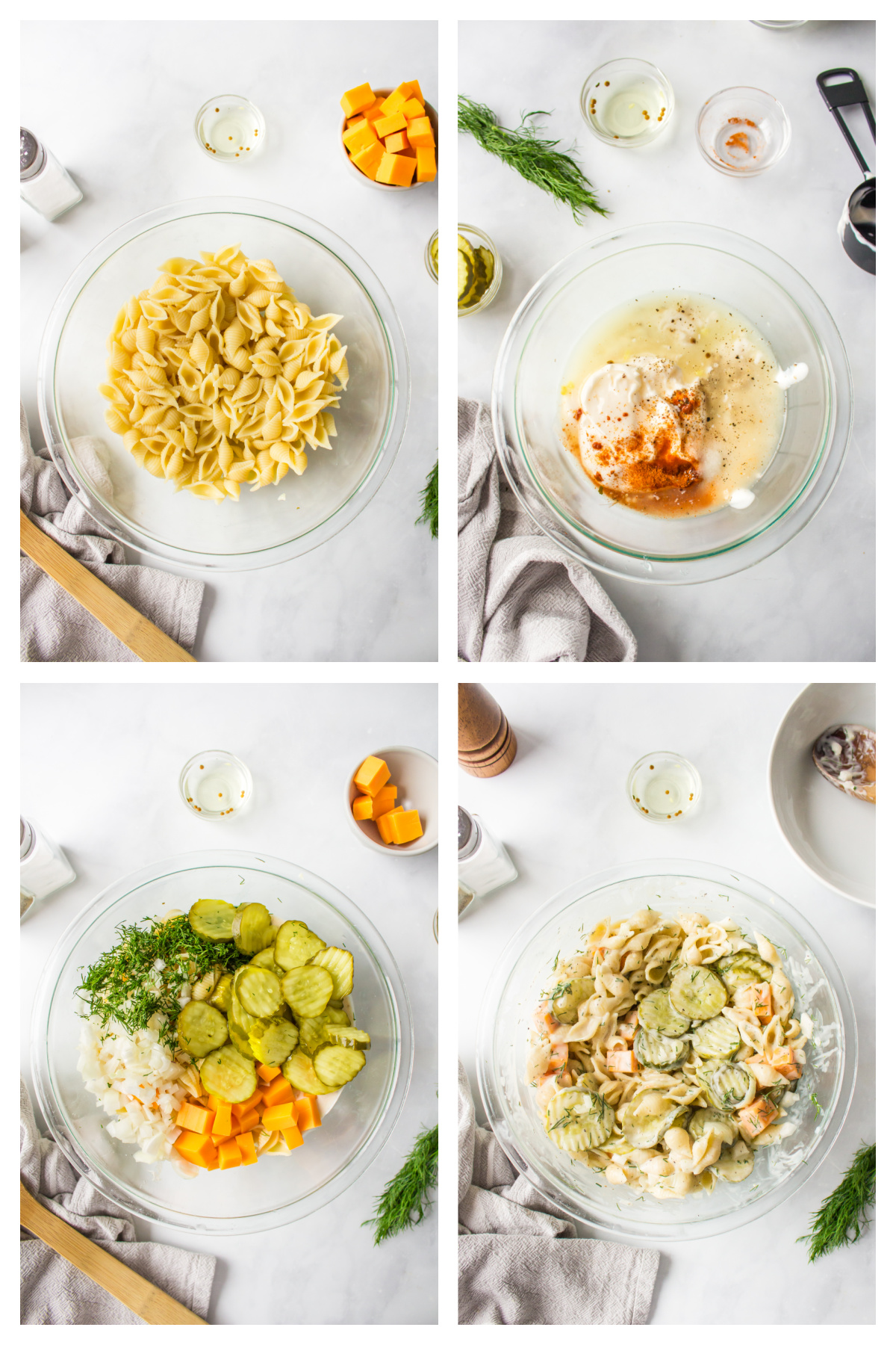 four photos showing how to make dill pickle pasta salad