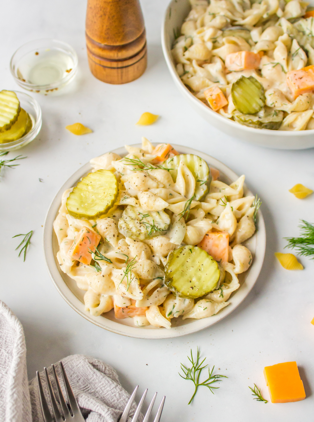 bowls of dill pickle pasta salad