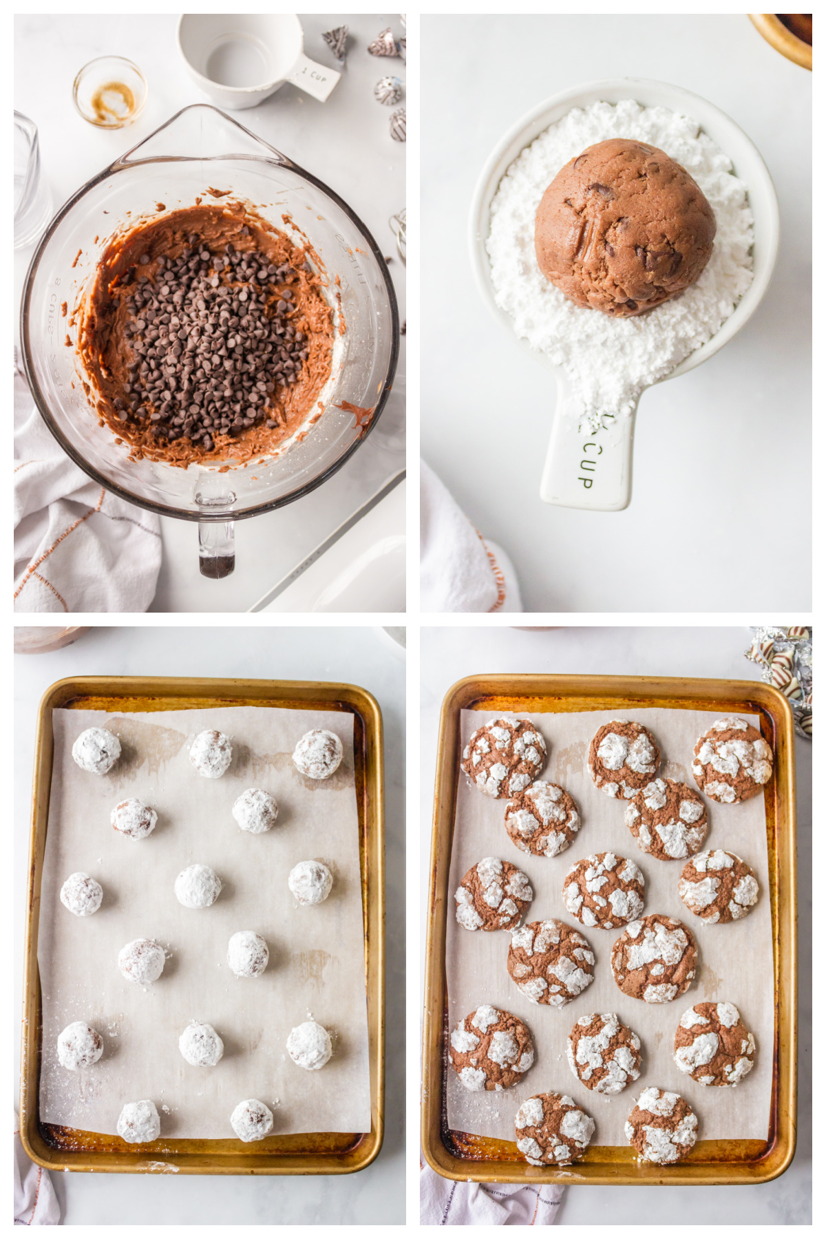 four photos showing how to make chocolate kiss crinkle cookies