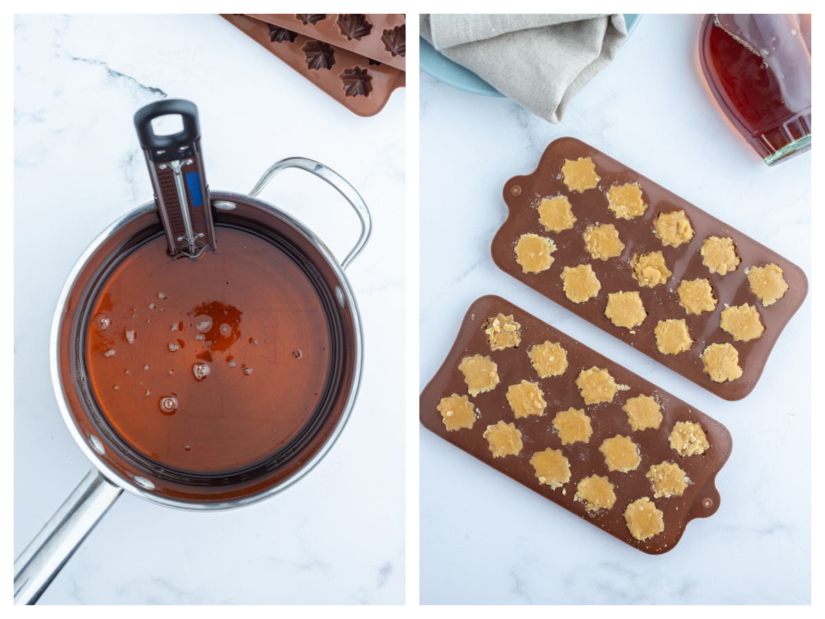 two photos showing how to make maple syrup candies