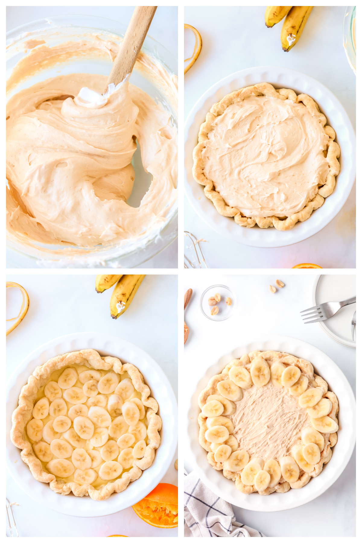 four photos showing how to make peanut butter banana cream pie