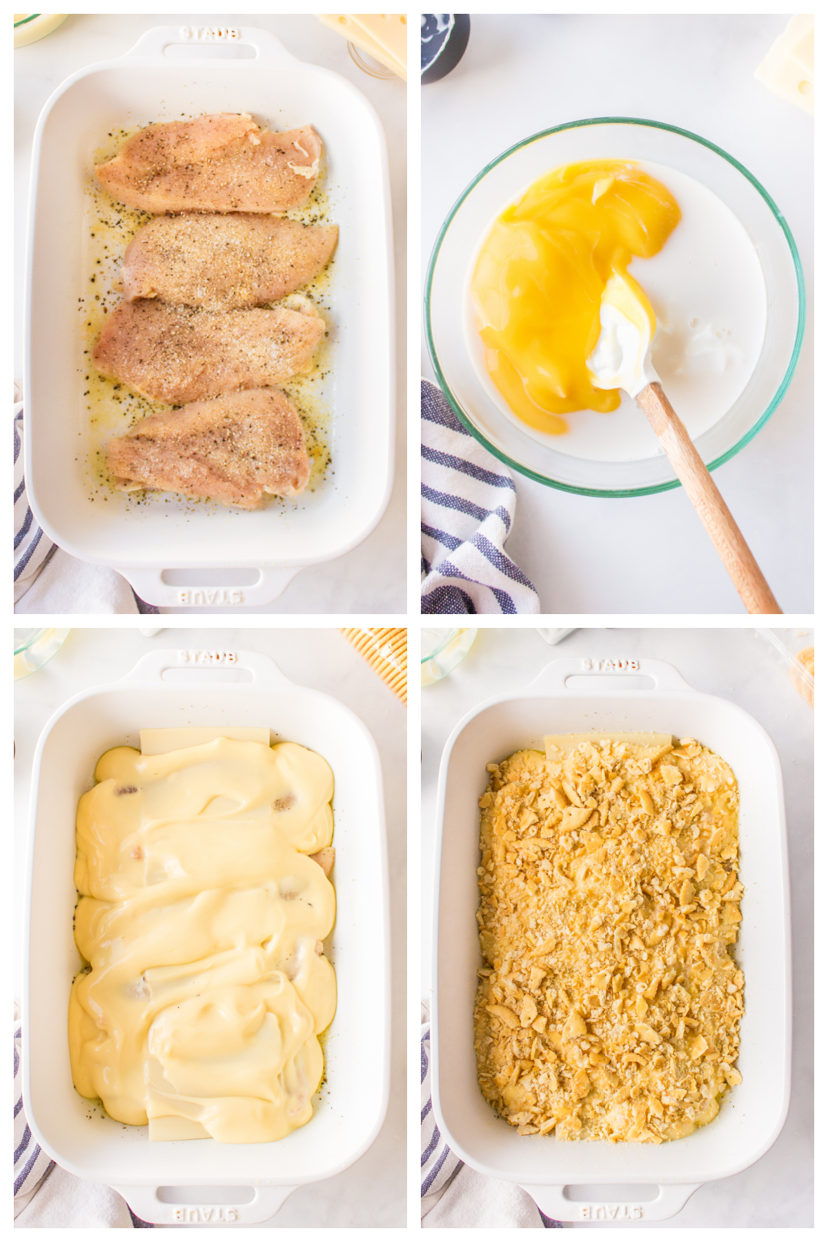 four photos showing how to make swiss cheese chicken