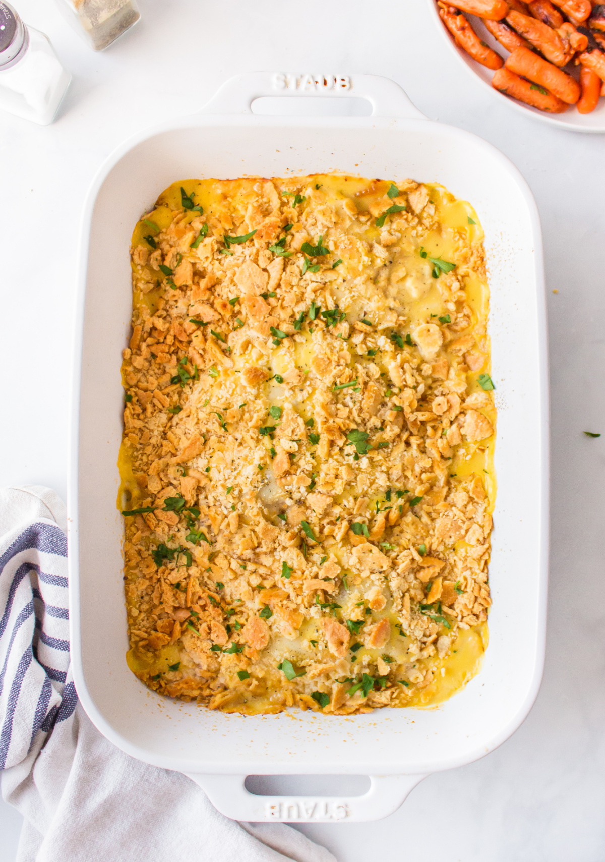 casserole dish of swiss cheese chicken