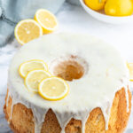 lemon chiffon cake with lemon glaze and fresh lemon slices