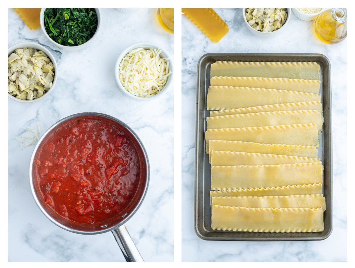 two photos showing the process of making spinach artichoke lasagna