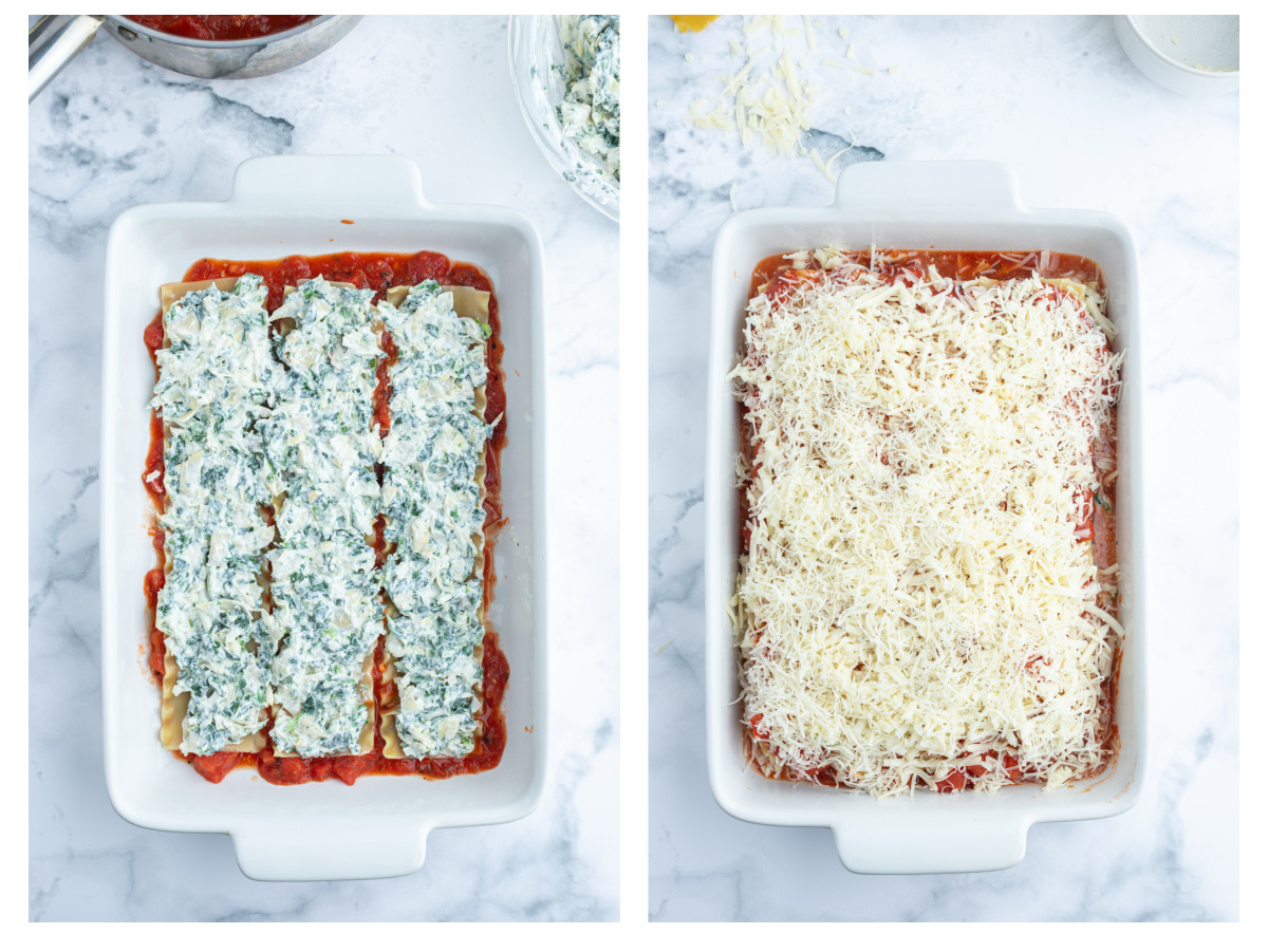 two photos showing the process of making spinach artichoke lasagna