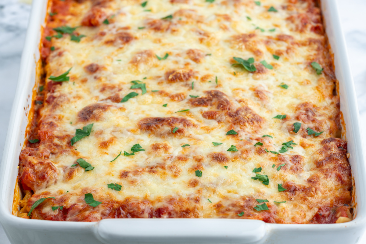 spinach artichoke lasagna out of oven