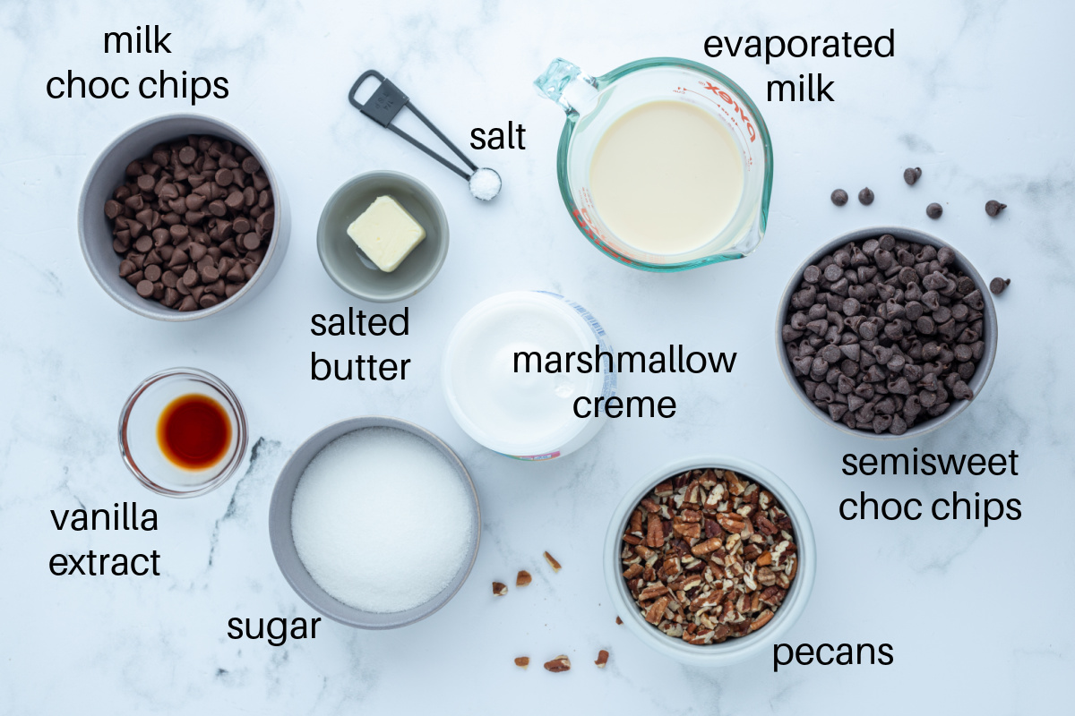 ingredients displayed for making fudge with pecans