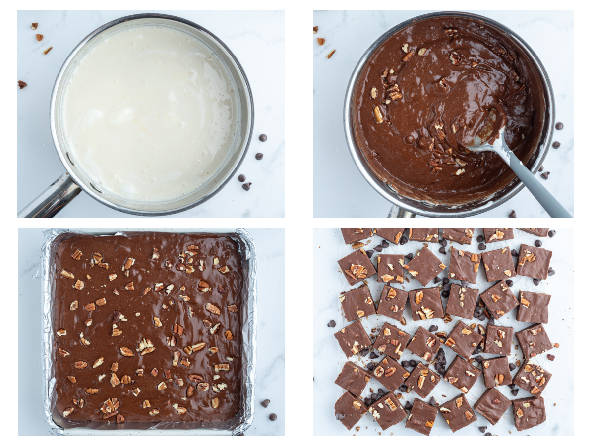 four photos sharing how to make fudge with pecans