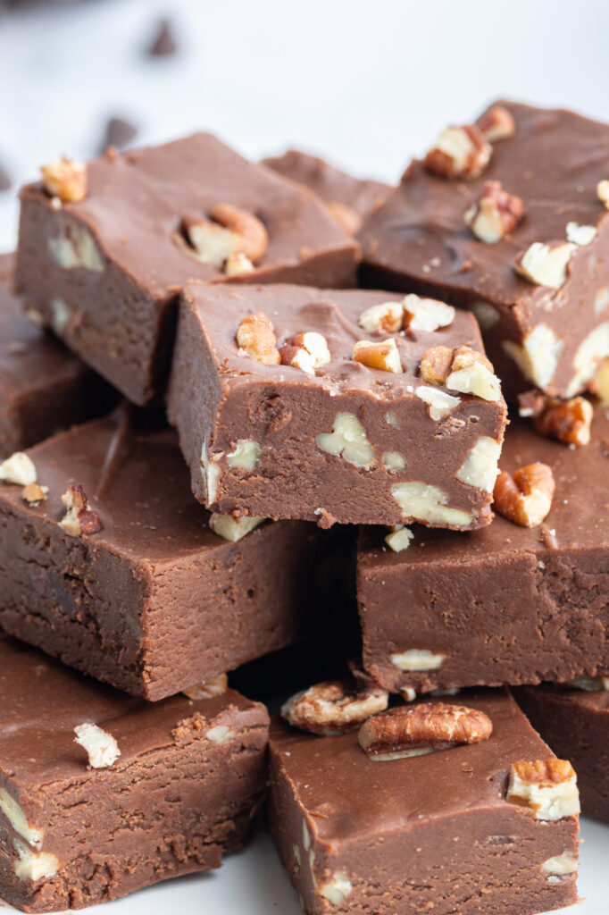 stacked fudge with pecans
